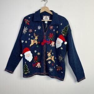 Vintage Tiara Embroidered Beaded Christmas Santa Full Zip Cardigan Sweater S